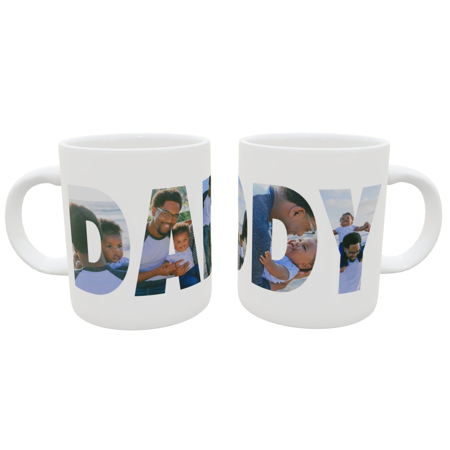 A custom photo coffee mug that reads DADDY with photos printed in the letters.