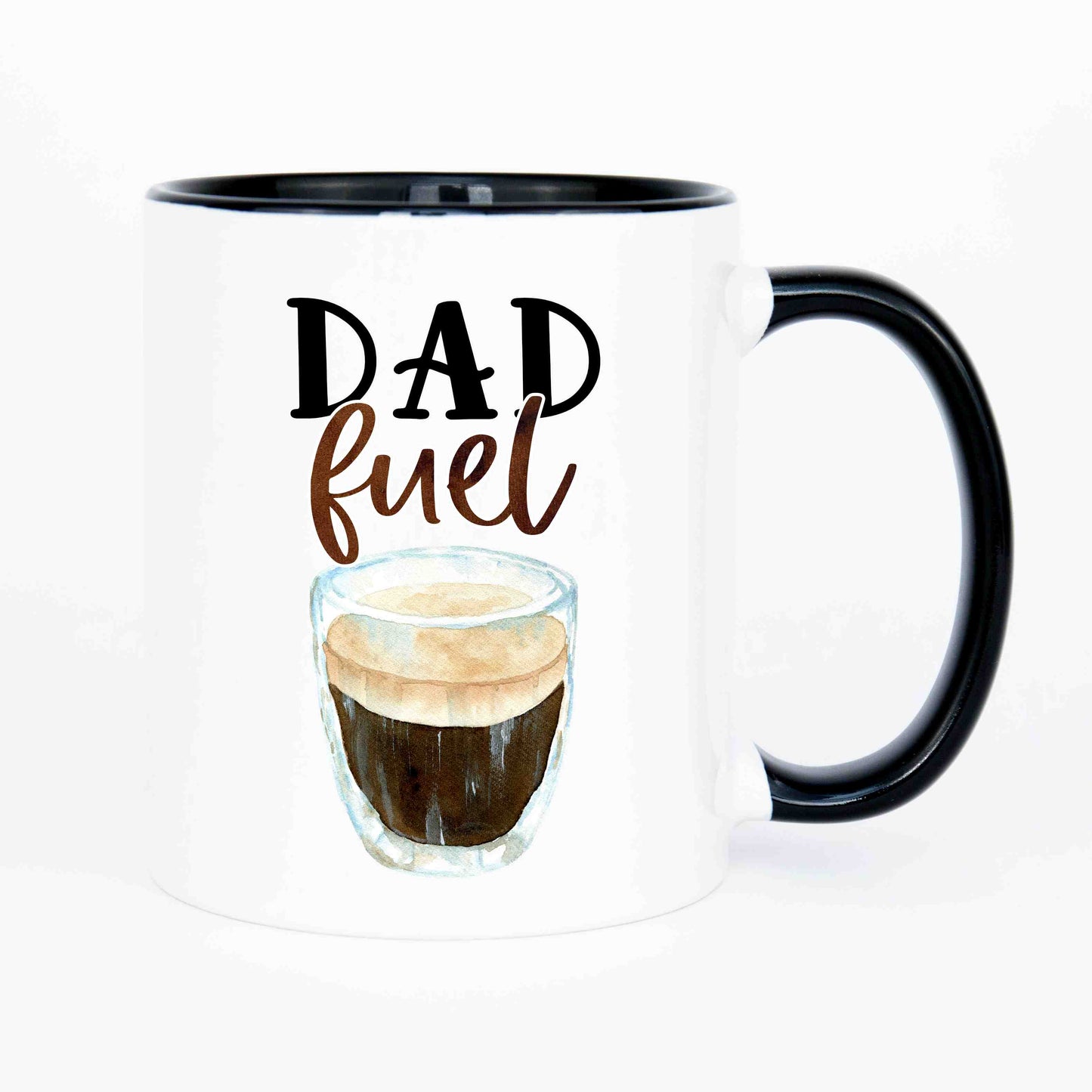 A white mug with black handle that reads dad fuel in script font with a picture of a black coffee underneath it.