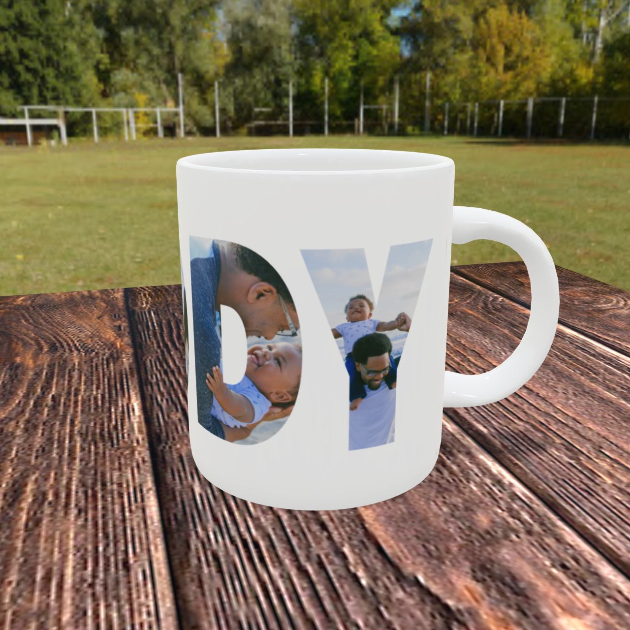 A second view of the custom printed photo mug with letters D and Y visible. The letters have photos printed in them.