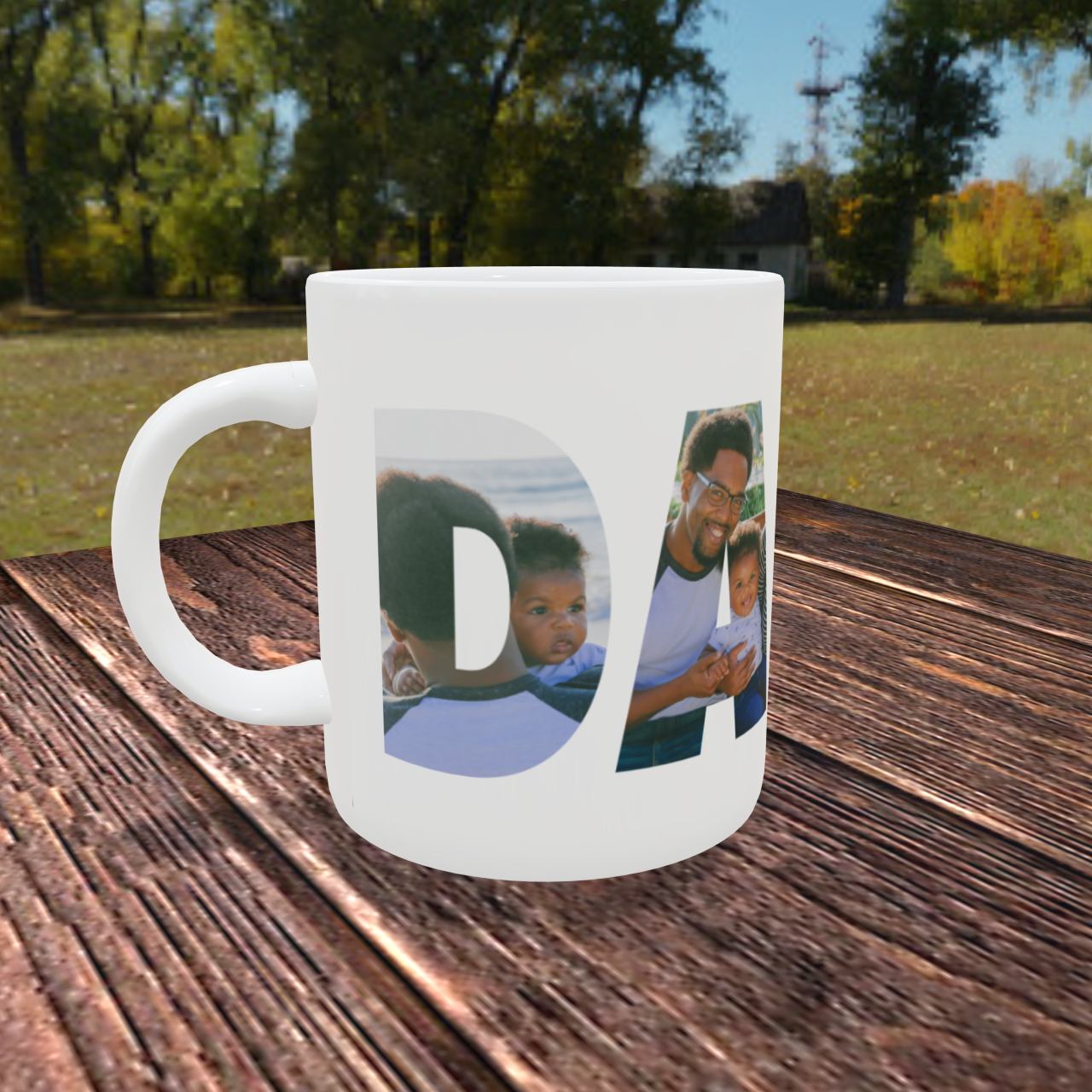 One view of the custom printed photo mug with letters D and A visible. The letters have photos printed in them.