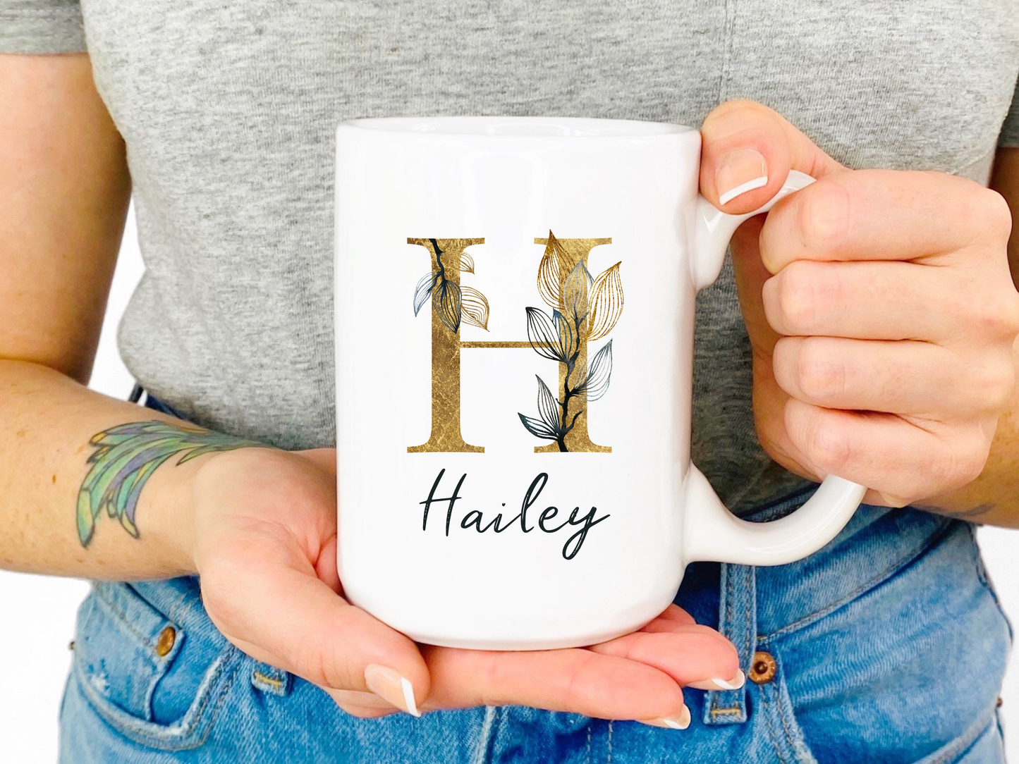 Gold Floral Initial - Ceramic Mug