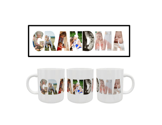 A custom photo mug that reads GRANDMA with photos of children printed in the letters.