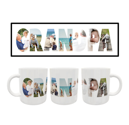 A custom photo coffee mug that reads GRANDPA with photos printed in the letters.