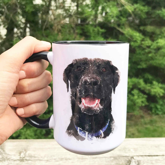 A custom printed coffee mug with a photo of a dog.