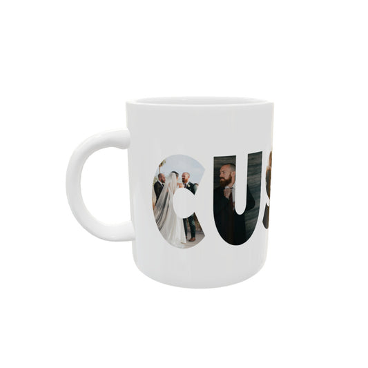 One view of the custom mug with letters C and U visible. Each letter in the mug is printed with a photo.