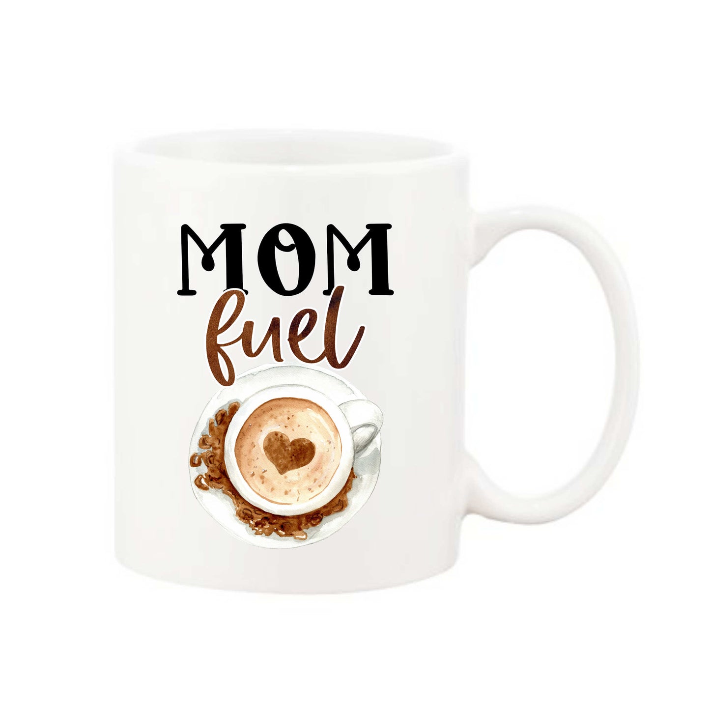 white coffee mug with script text reading mom fuel and a picture of a cappuccino below it.