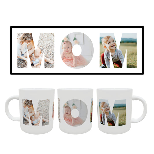 A custom photo mug with pictures of children printed in the letters.