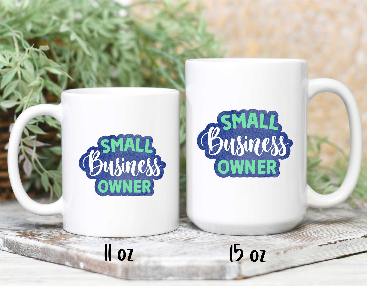 two sizes of coffee mug that read small business owner