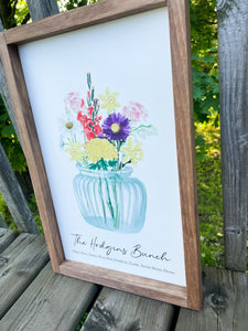 Side view of framed family bouquet sign