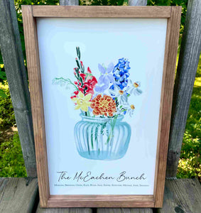 Family Birth Month Flowers Bouquet printed on custom wood sign