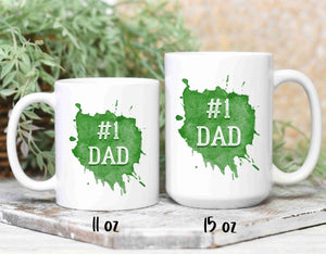 #1 Dad coffee mugs green watercolour, 2 sizes