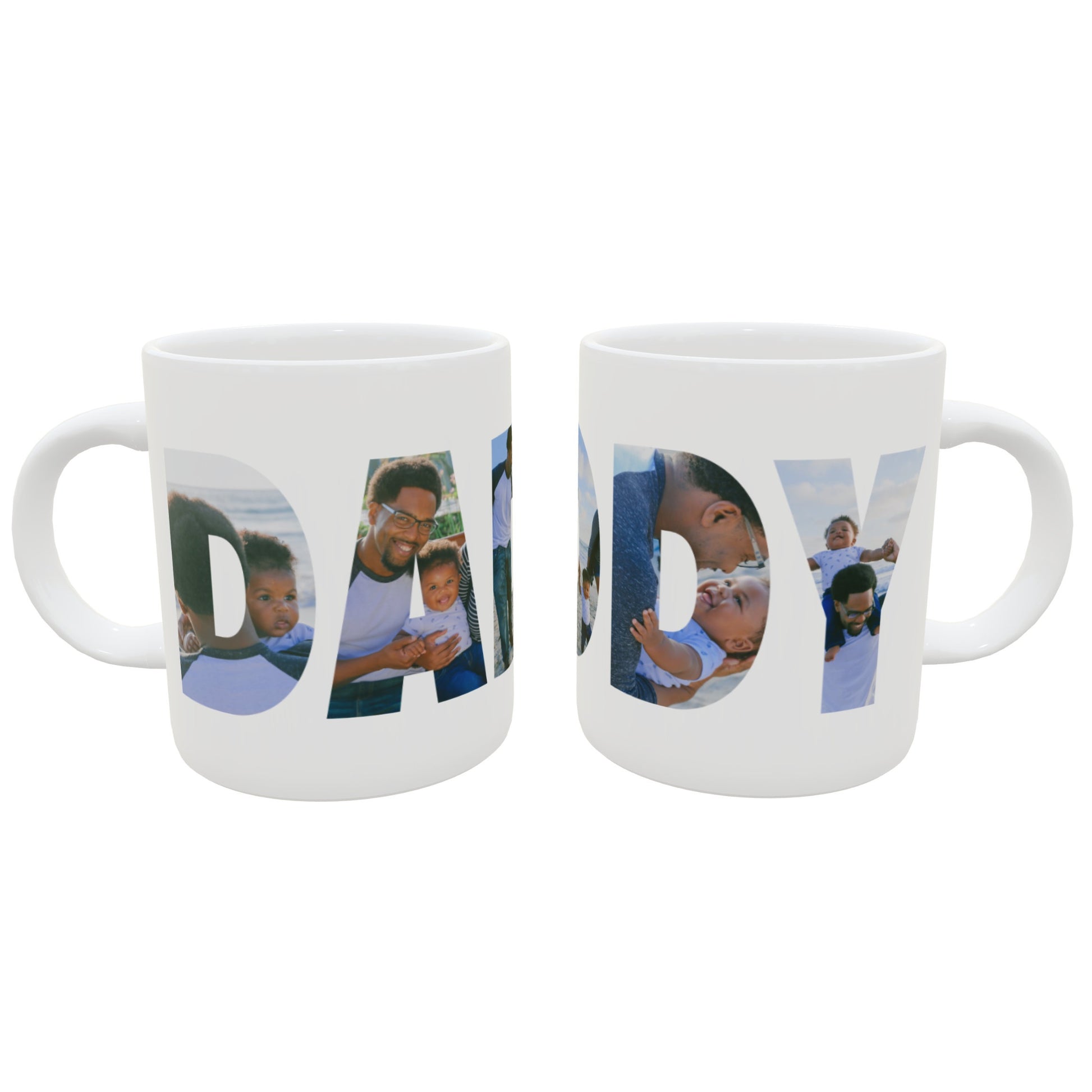 A custom photo coffee mug that reads DADDY with photos printed in the letters.