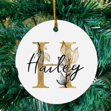 Load image into Gallery viewer, Gold Floral Initial &amp; Name - Christmas Ornament
