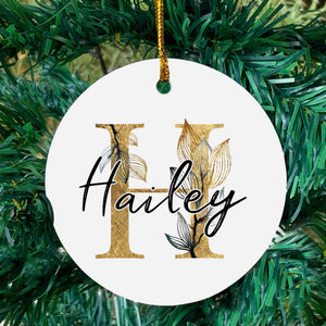 Gold Floral Initial & Name - Christmas Ornament