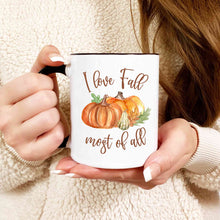 Load image into Gallery viewer, Fall love coffee mug with pumpkins
