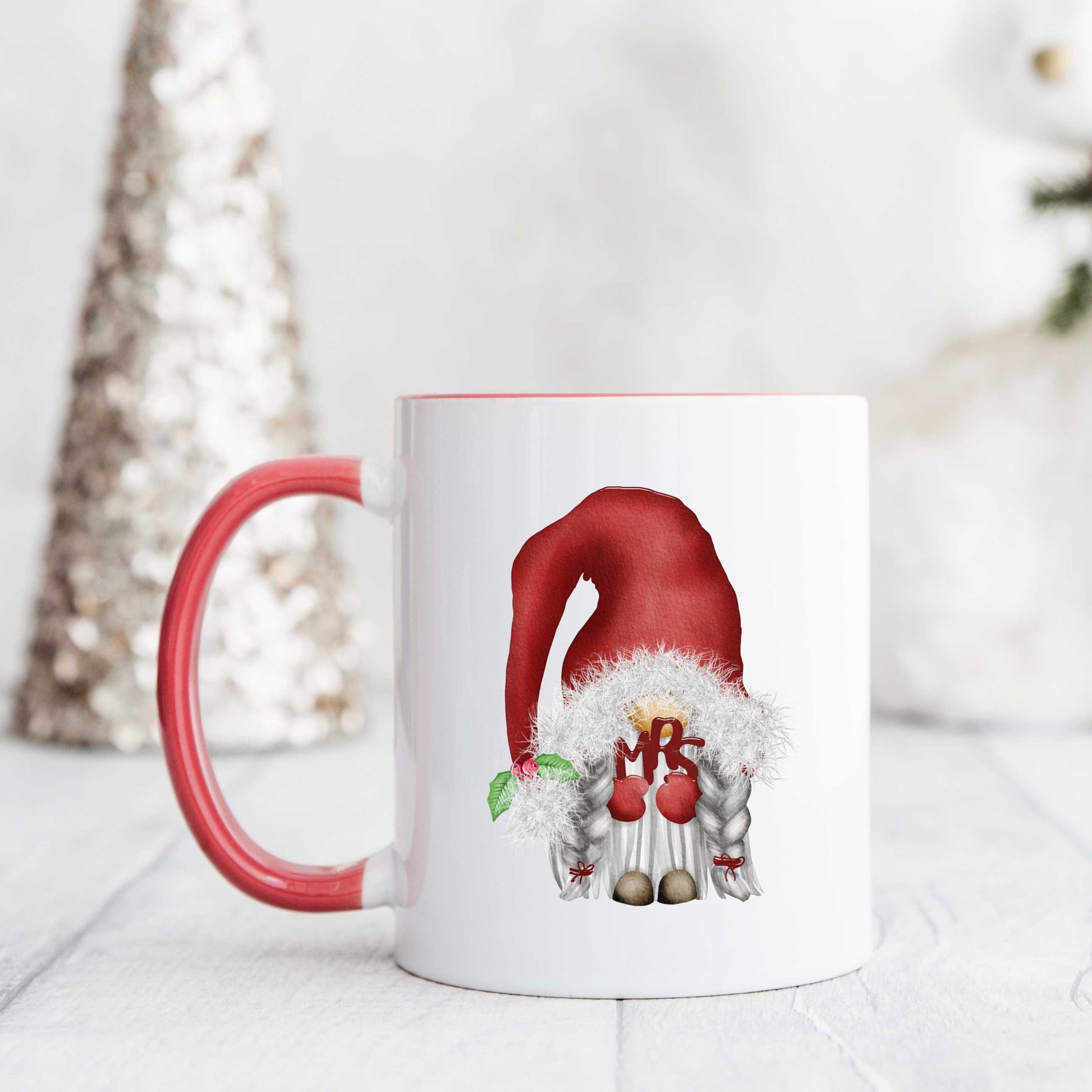 Mrs Gnome mug with red handle