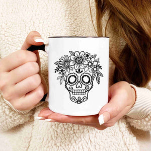 Black and white sugar skull printed mug