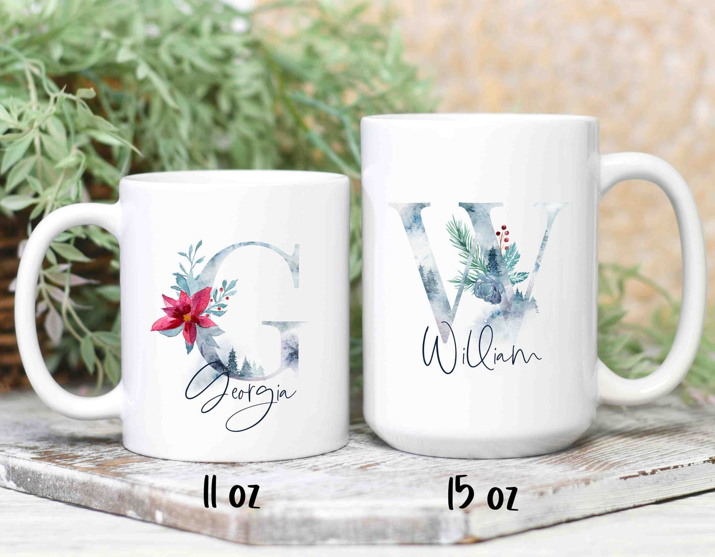 Winter initial and name mugs in 2 sizes