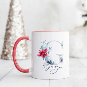Christmas initial and name mug with red handle