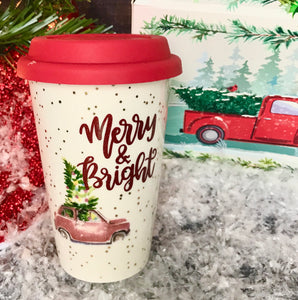 Merry & Bright porcelain Christmas travel mug with silicone lid